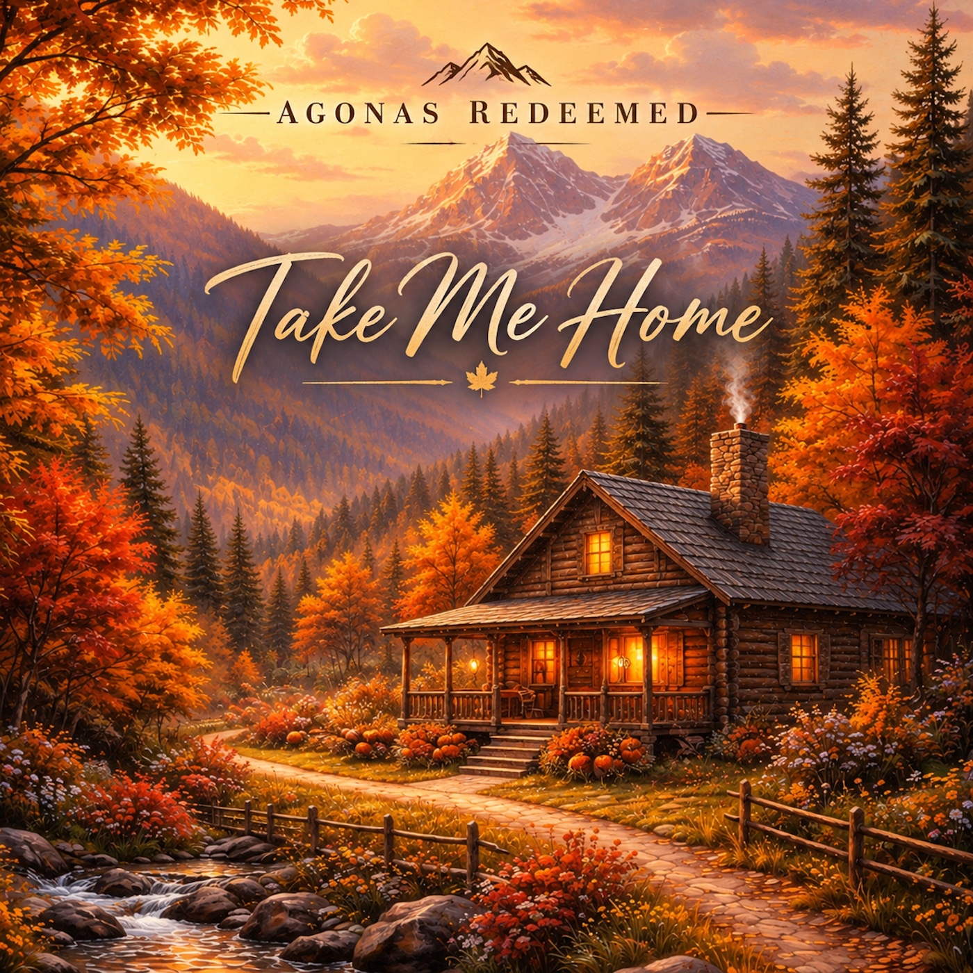 Take Me Home album cover, showing a mountain cabin surrounded by autumn trees